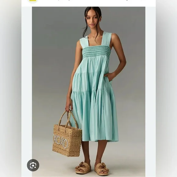 aqua tiered sleeveless midi dress New Torrid Smocked Waist Tiered Midi Dress sz 3 Crinkle Gauze Aqua Green NWT